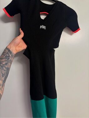 Diesel Black dress with Green  Panels and Flamingo Trim